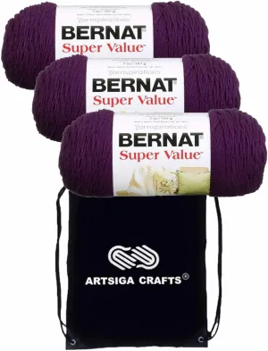 Bernat Super Value Solid Mulberry 164053-53333 (3-Skeins - Same Dye Lot) Worsted Medium #4 Acrylic Yarn for Crocheting and Knitting with Project Bag