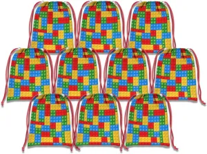 Birthday Galore Building Color Blocks 8.5 x 11 Inch Drawstring Goodie Bags For Party Favors - 10 Pack of Candy Treat Bags - Boys and Girls Kids Birthday Party Decorations