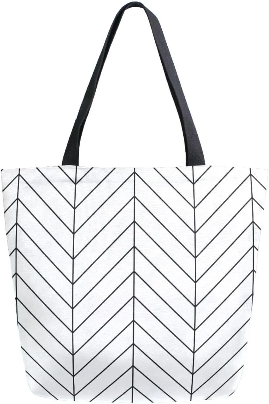 Black and White Herringbone Canvas Tote Bag for Women with Zipper Pocket Reusable Grocery Shopping Bags Large Travel Shoulder Bag Handbag Bags