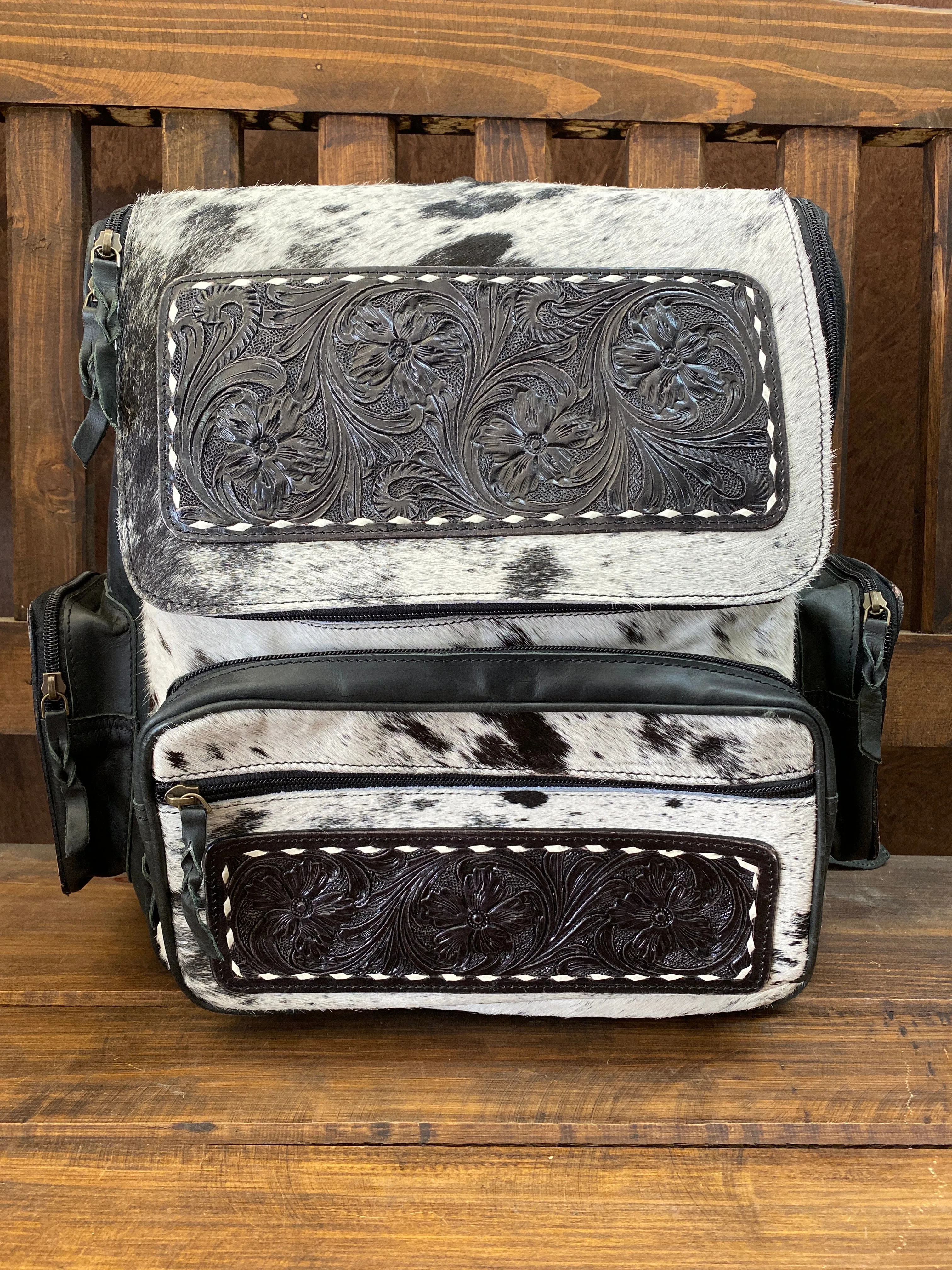 Black Leather Tooled Backpack