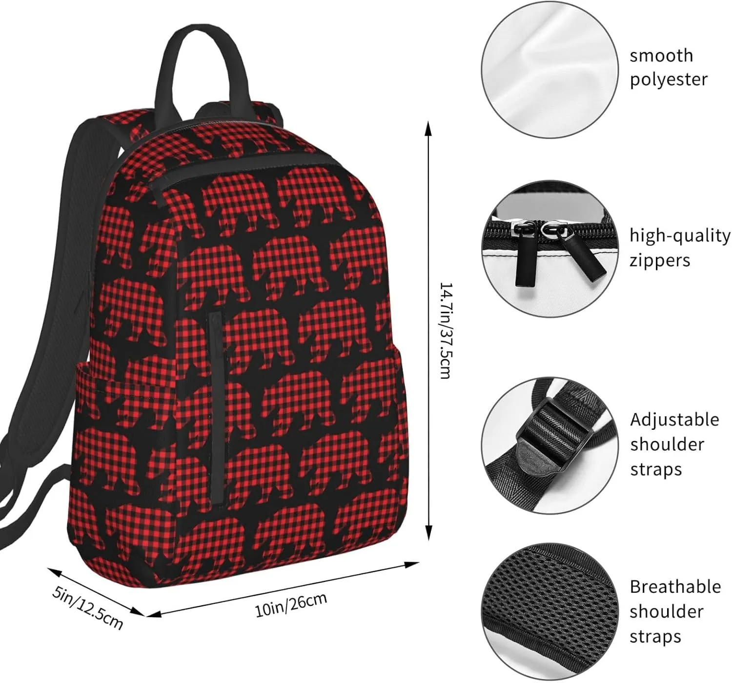 Black Red Buffalo Plaid Bears Casual Backpacks Large Capacity Laptop Backpack Sports Rucksack Travel Daypack Adjustable Shoulder Strap Work Bag for Outdoor Camping