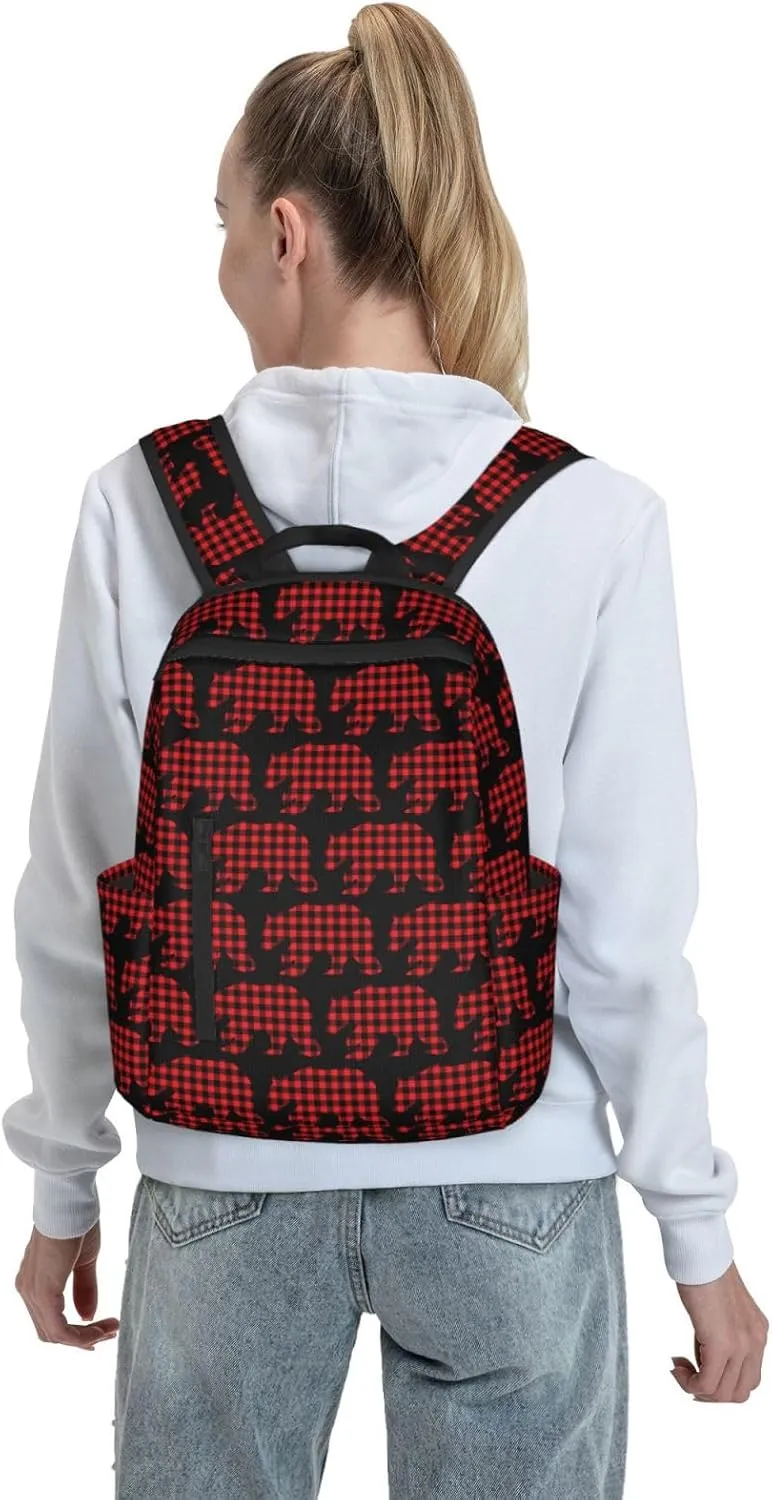 Black Red Buffalo Plaid Bears Casual Backpacks Large Capacity Laptop Backpack Sports Rucksack Travel Daypack Adjustable Shoulder Strap Work Bag for Outdoor Camping