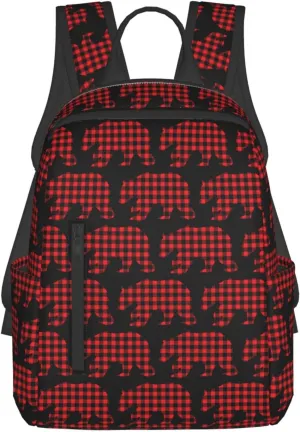 Black Red Buffalo Plaid Bears Casual Backpacks Large Capacity Laptop Backpack Sports Rucksack Travel Daypack Adjustable Shoulder Strap Work Bag for Outdoor Camping