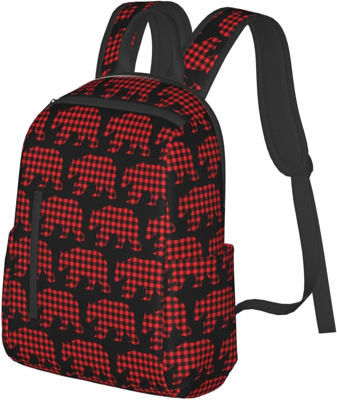 Black Red Buffalo Plaid Bears Casual Backpacks Large Capacity Laptop Backpack Sports Rucksack Travel Daypack Adjustable Shoulder Strap Work Bag for Outdoor Camping