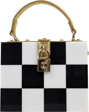 Black White Checkerboard Acrylic Clutch Purse Bag Women Box Evening Bags Acrylic Chain Crossbody Handbag(Stitching)