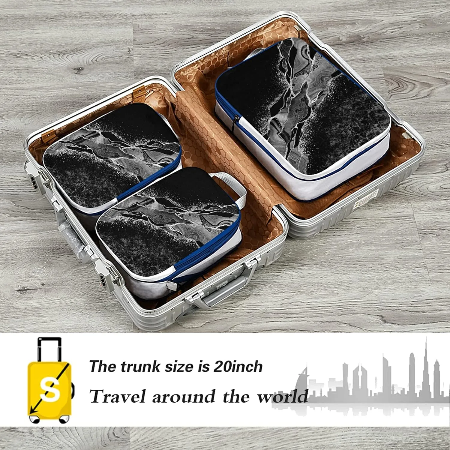 Black White Marble Green Malachite with Silver White Veins Gold Spots 3 Set Packing Cubes, Waterproof Check Oxford cloth Organizers, Travel Packing Toiletry Storage Bag