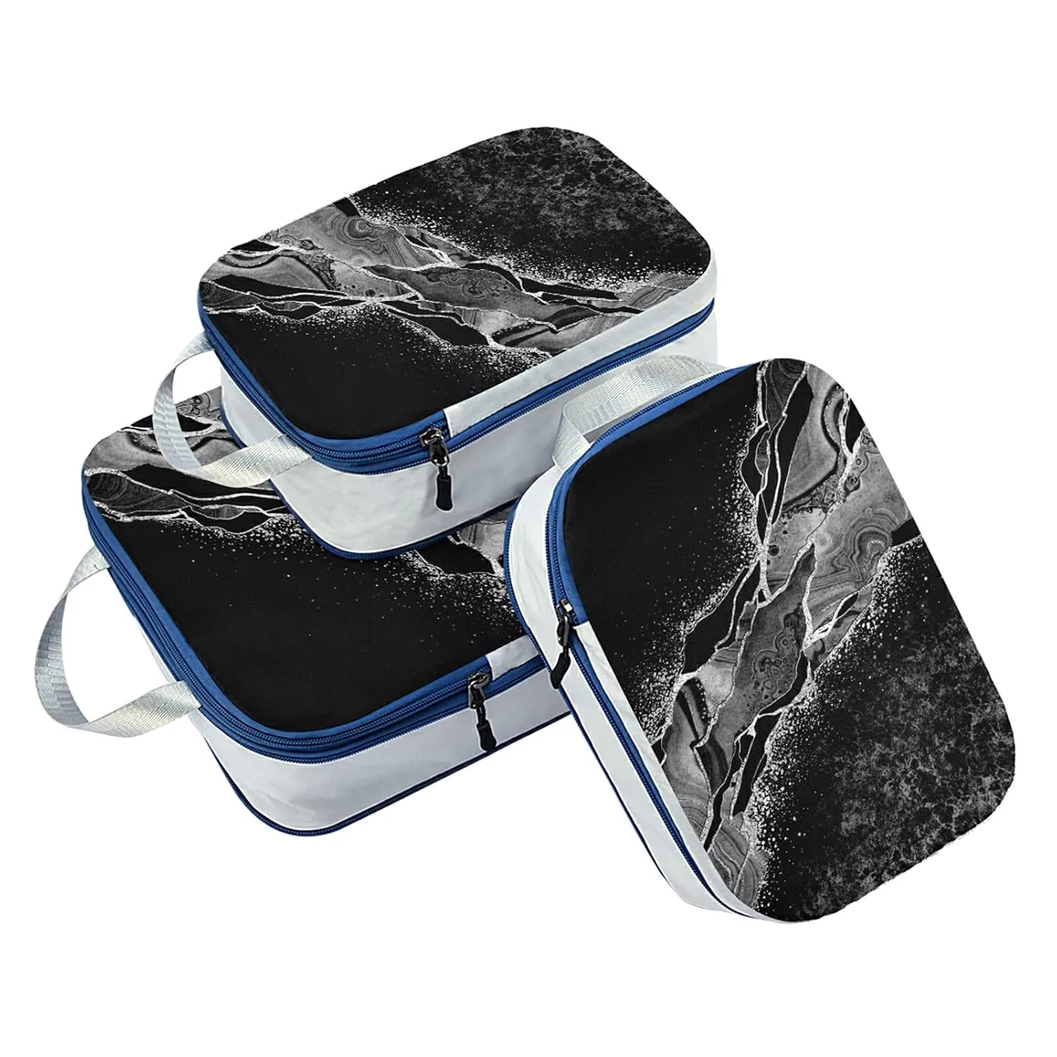 Black White Marble Green Malachite with Silver White Veins Gold Spots 3 Set Packing Cubes, Waterproof Check Oxford cloth Organizers, Travel Packing Toiletry Storage Bag