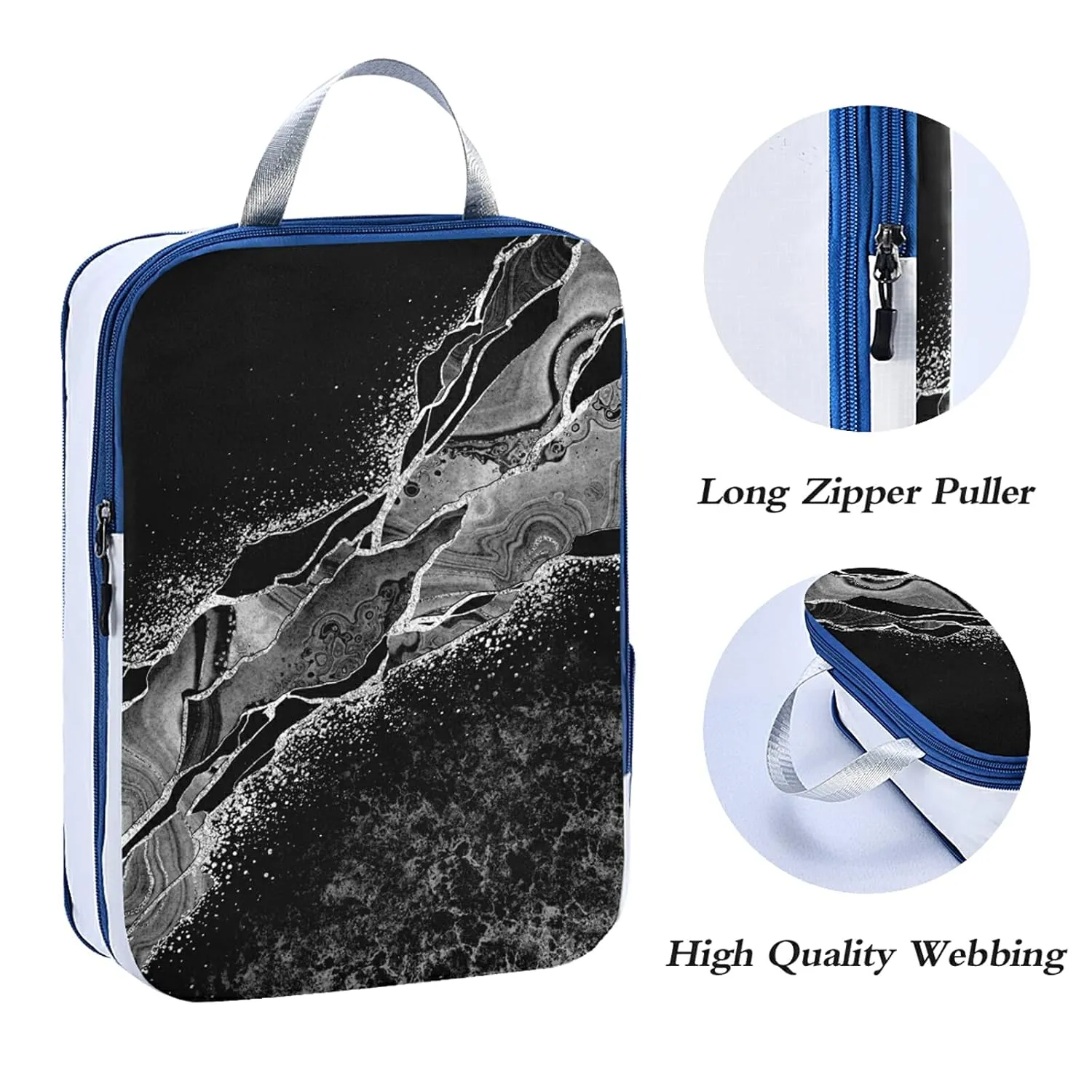Black White Marble Green Malachite with Silver White Veins Gold Spots 3 Set Packing Cubes, Waterproof Check Oxford cloth Organizers, Travel Packing Toiletry Storage Bag