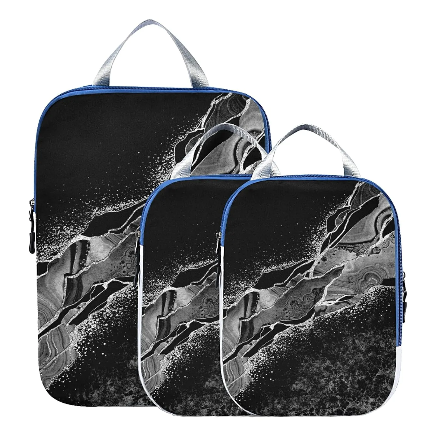 Black White Marble Green Malachite with Silver White Veins Gold Spots 3 Set Packing Cubes, Waterproof Check Oxford cloth Organizers, Travel Packing Toiletry Storage Bag