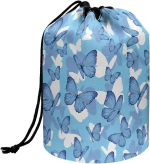 Blue Butterfly drawstring makeup bag opens flat collapsible makeup bag travel essentials for women portable lazy drawstring makeup bag travel cosmetic pouch toiletry