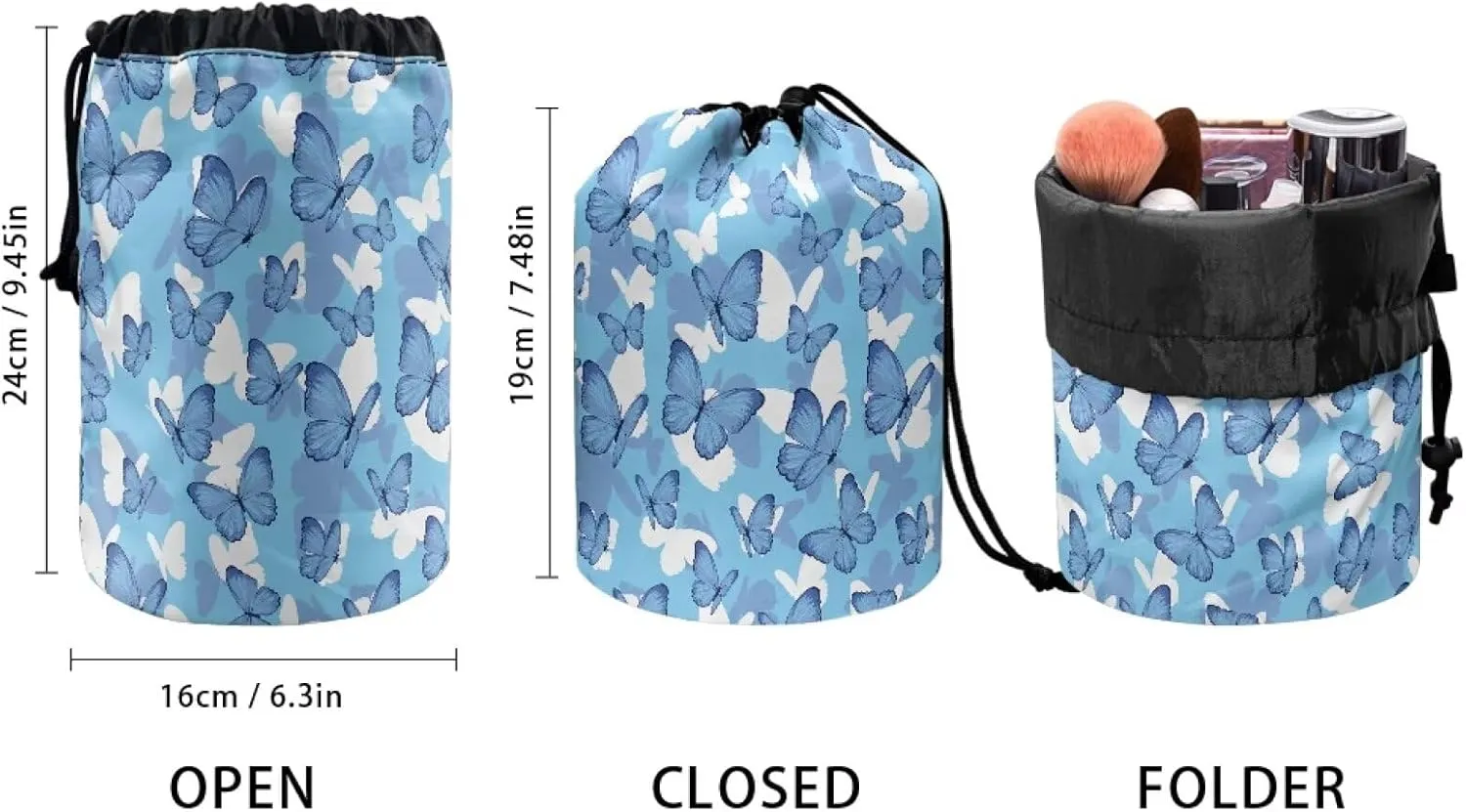 Blue Butterfly drawstring makeup bag opens flat collapsible makeup bag travel essentials for women portable lazy drawstring makeup bag travel cosmetic pouch toiletry