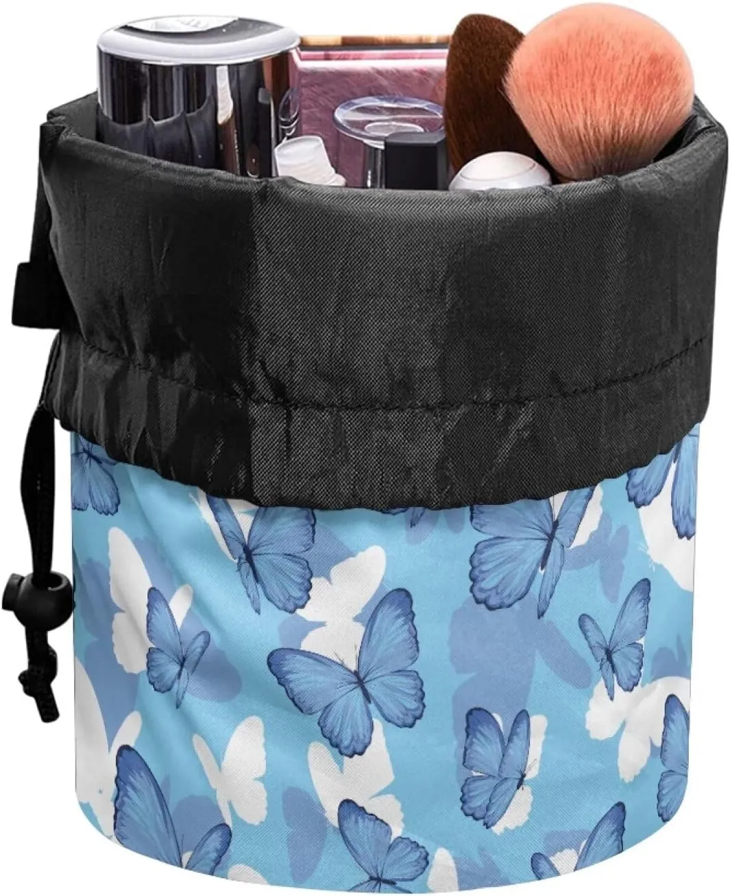 Blue Butterfly drawstring makeup bag opens flat collapsible makeup bag travel essentials for women portable lazy drawstring makeup bag travel cosmetic pouch toiletry