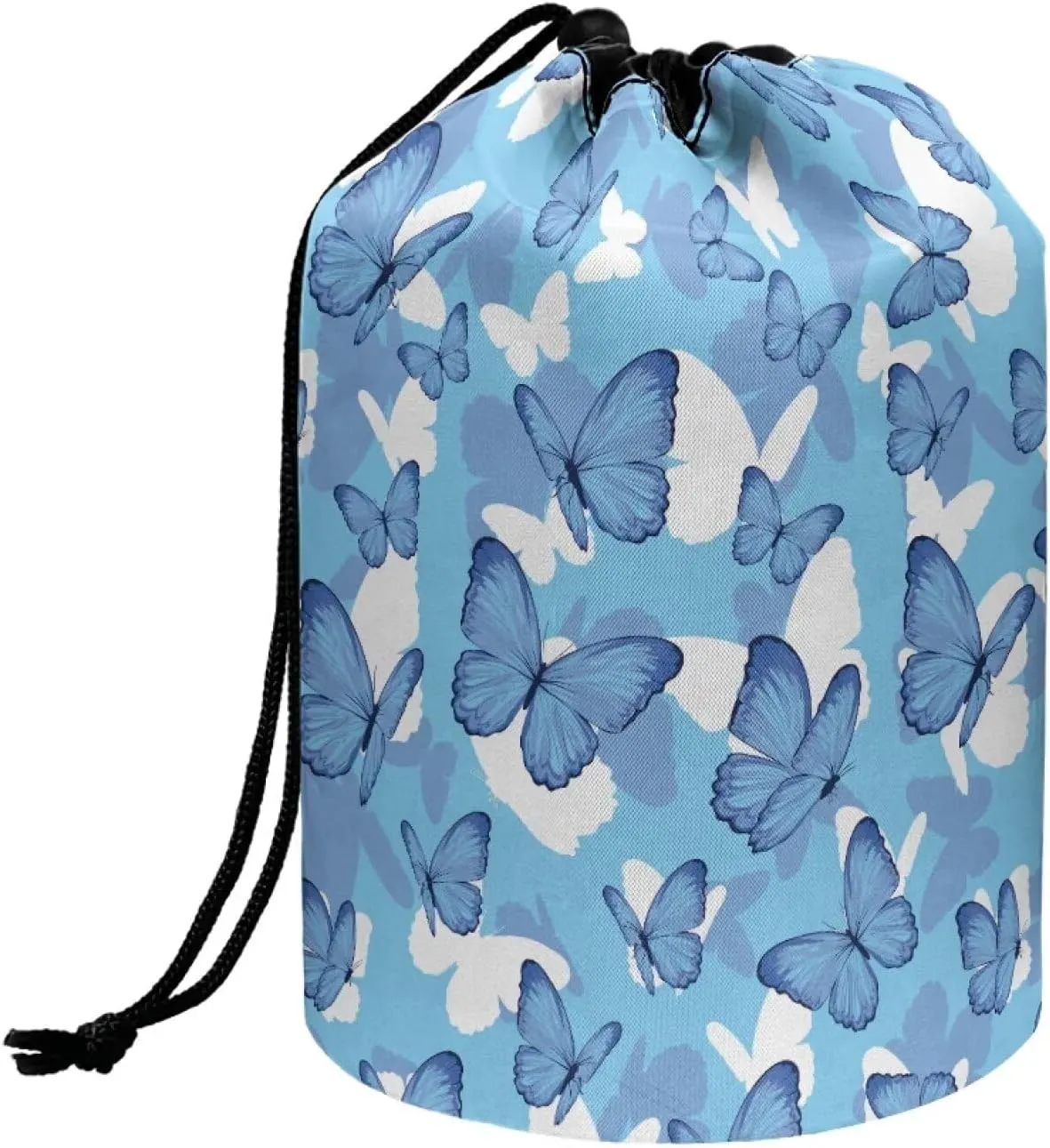 Blue Butterfly drawstring makeup bag opens flat collapsible makeup bag travel essentials for women portable lazy drawstring makeup bag travel cosmetic pouch toiletry