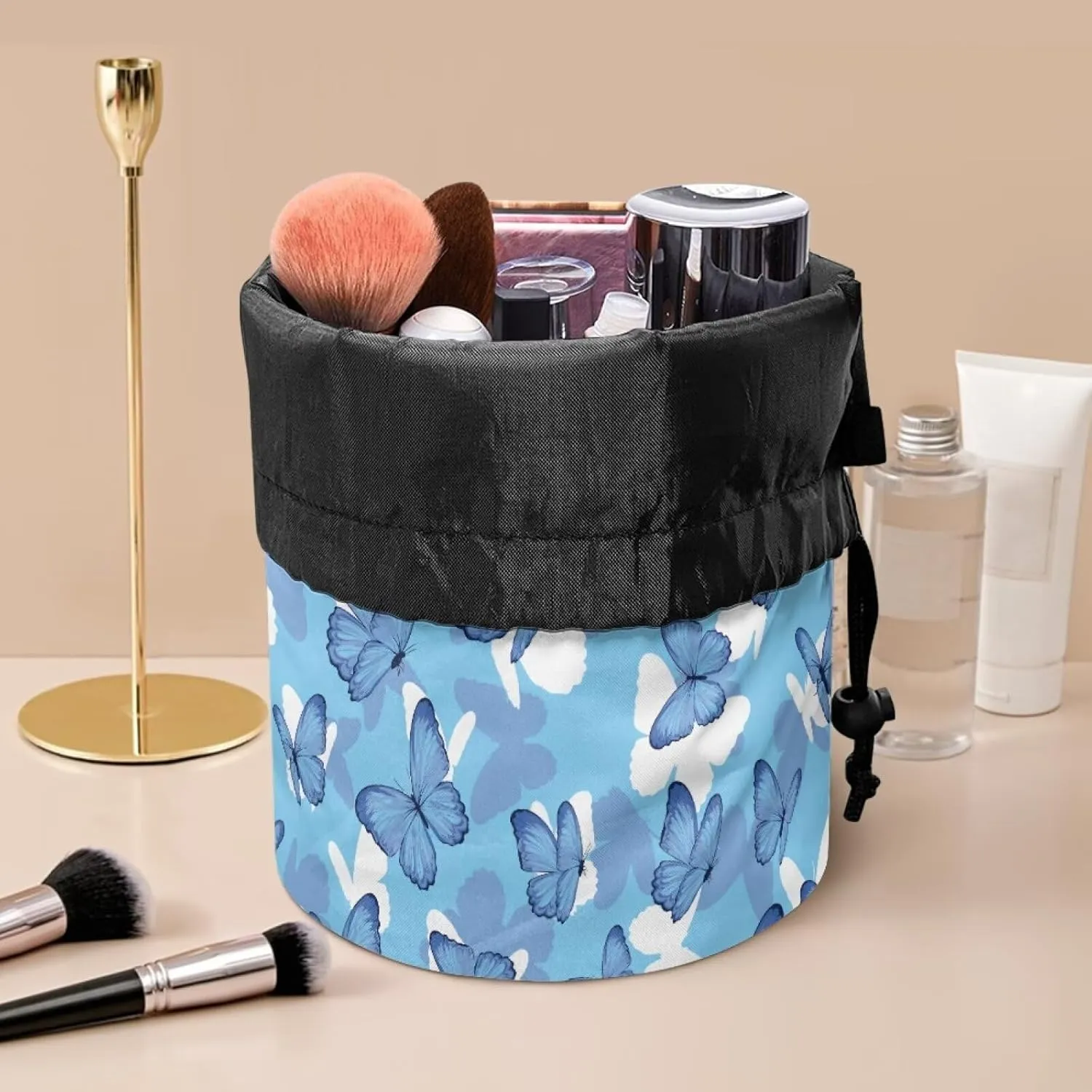 Blue Butterfly drawstring makeup bag opens flat collapsible makeup bag travel essentials for women portable lazy drawstring makeup bag travel cosmetic pouch toiletry