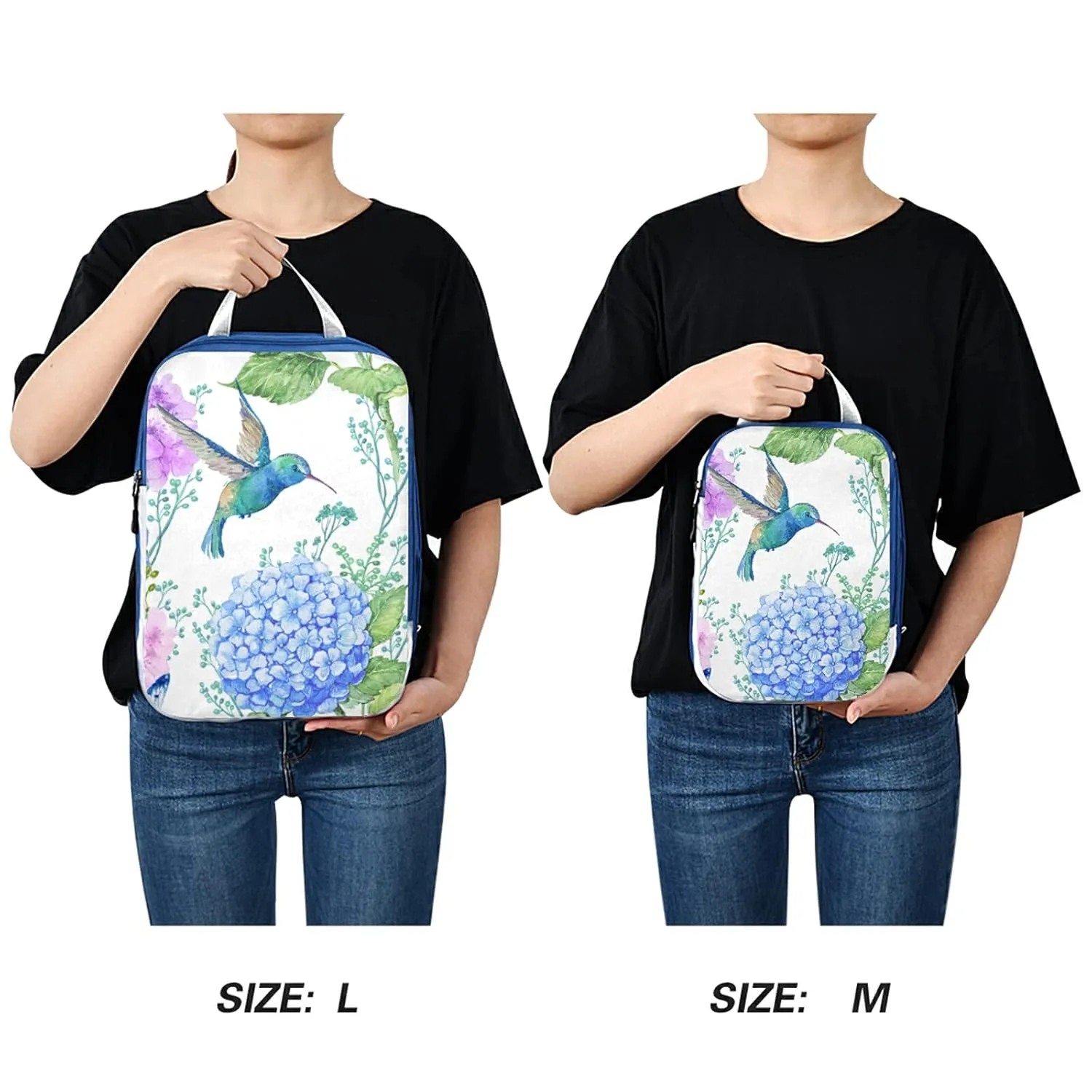 Blue Purple Hydrangea Flowers, Hummingbird Bird Green Leaves on White 3 Set Packing Cubes, Waterproof Check Oxford cloth Organizers, Travel Packing Toiletry Storage Bag