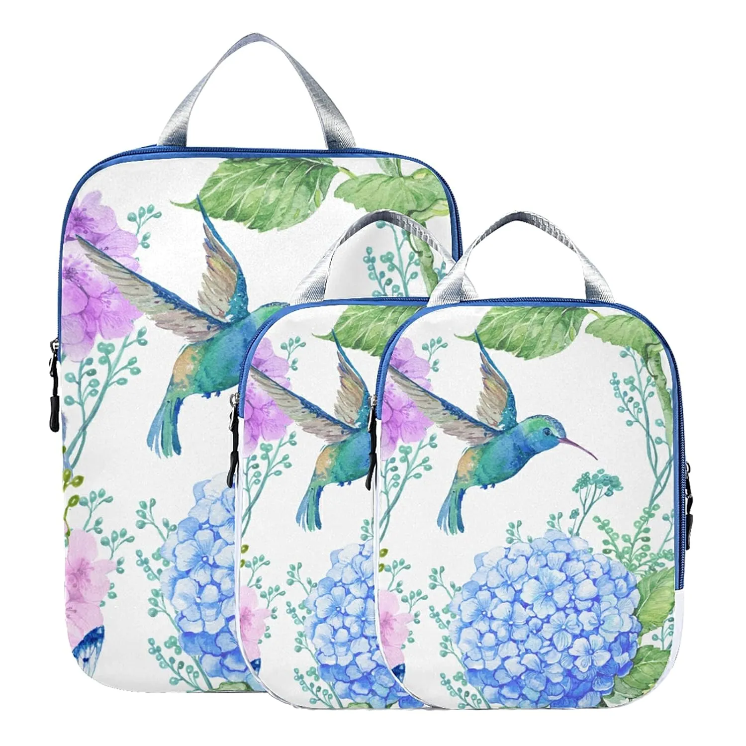Blue Purple Hydrangea Flowers, Hummingbird Bird Green Leaves on White 3 Set Packing Cubes, Waterproof Check Oxford cloth Organizers, Travel Packing Toiletry Storage Bag