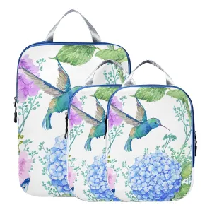 Blue Purple Hydrangea Flowers, Hummingbird Bird Green Leaves on White 3 Set Packing Cubes, Waterproof Check Oxford cloth Organizers, Travel Packing Toiletry Storage Bag