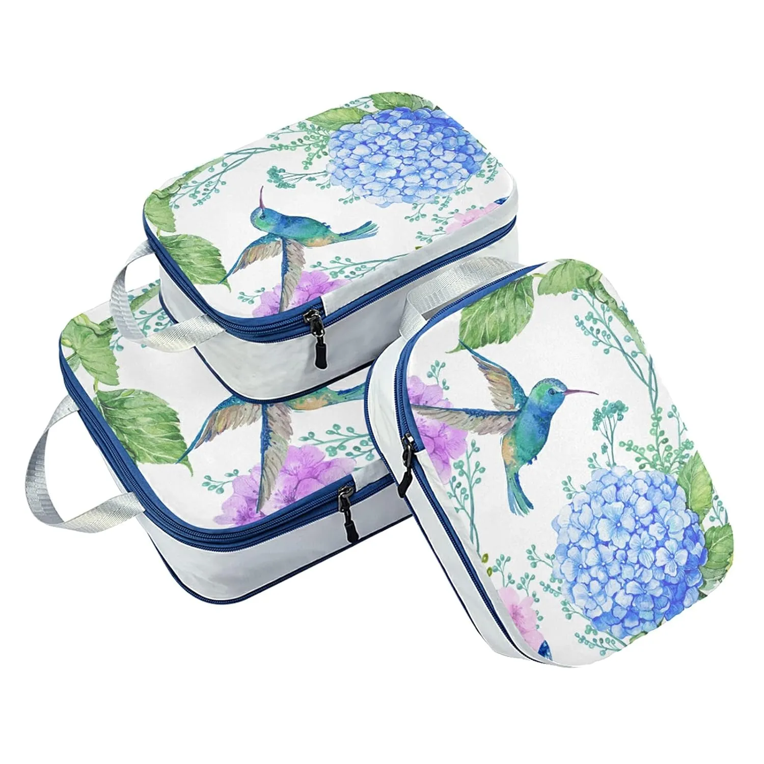 Blue Purple Hydrangea Flowers, Hummingbird Bird Green Leaves on White 3 Set Packing Cubes, Waterproof Check Oxford cloth Organizers, Travel Packing Toiletry Storage Bag