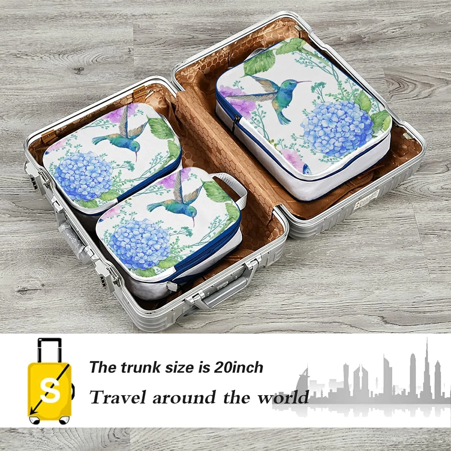 Blue Purple Hydrangea Flowers, Hummingbird Bird Green Leaves on White 3 Set Packing Cubes, Waterproof Check Oxford cloth Organizers, Travel Packing Toiletry Storage Bag