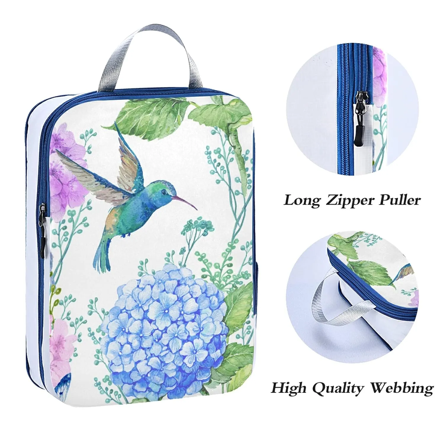 Blue Purple Hydrangea Flowers, Hummingbird Bird Green Leaves on White 3 Set Packing Cubes, Waterproof Check Oxford cloth Organizers, Travel Packing Toiletry Storage Bag