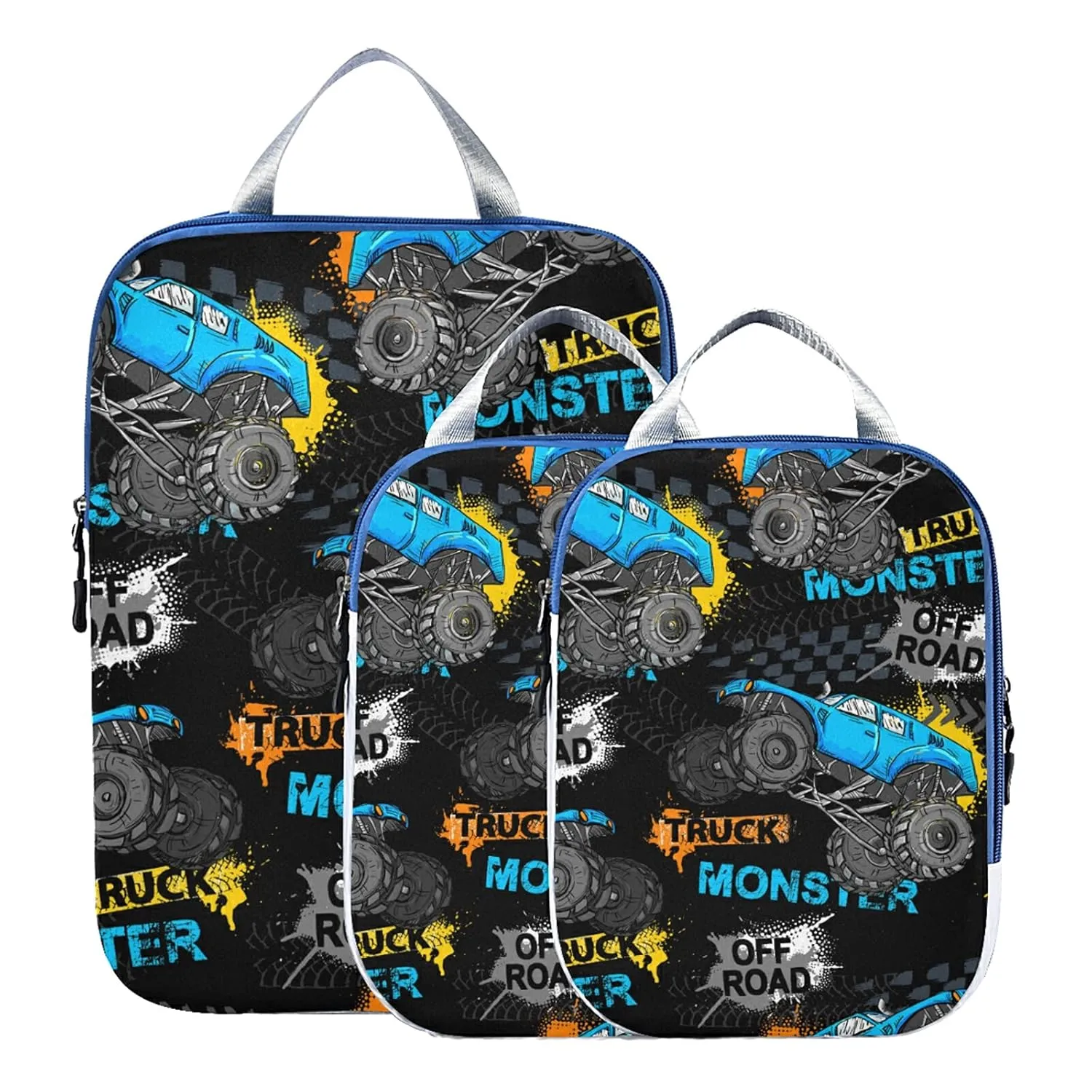 Blue Truck Car, Trace of Tire, Drive and Speed on Black 3 Set Packing Cubes, Waterproof Check Oxford cloth Organizers, Travel Packing Toiletry Storage Bag