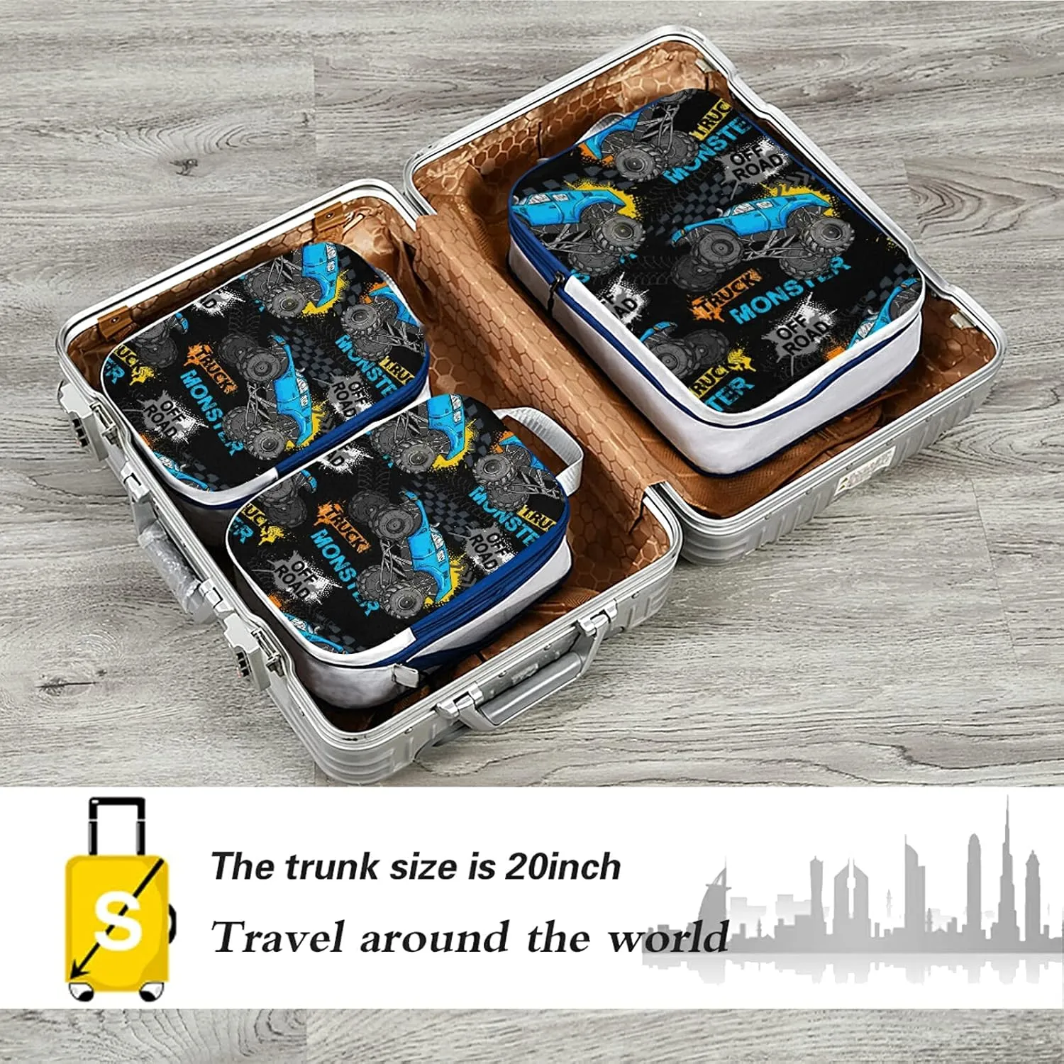 Blue Truck Car, Trace of Tire, Drive and Speed on Black 3 Set Packing Cubes, Waterproof Check Oxford cloth Organizers, Travel Packing Toiletry Storage Bag