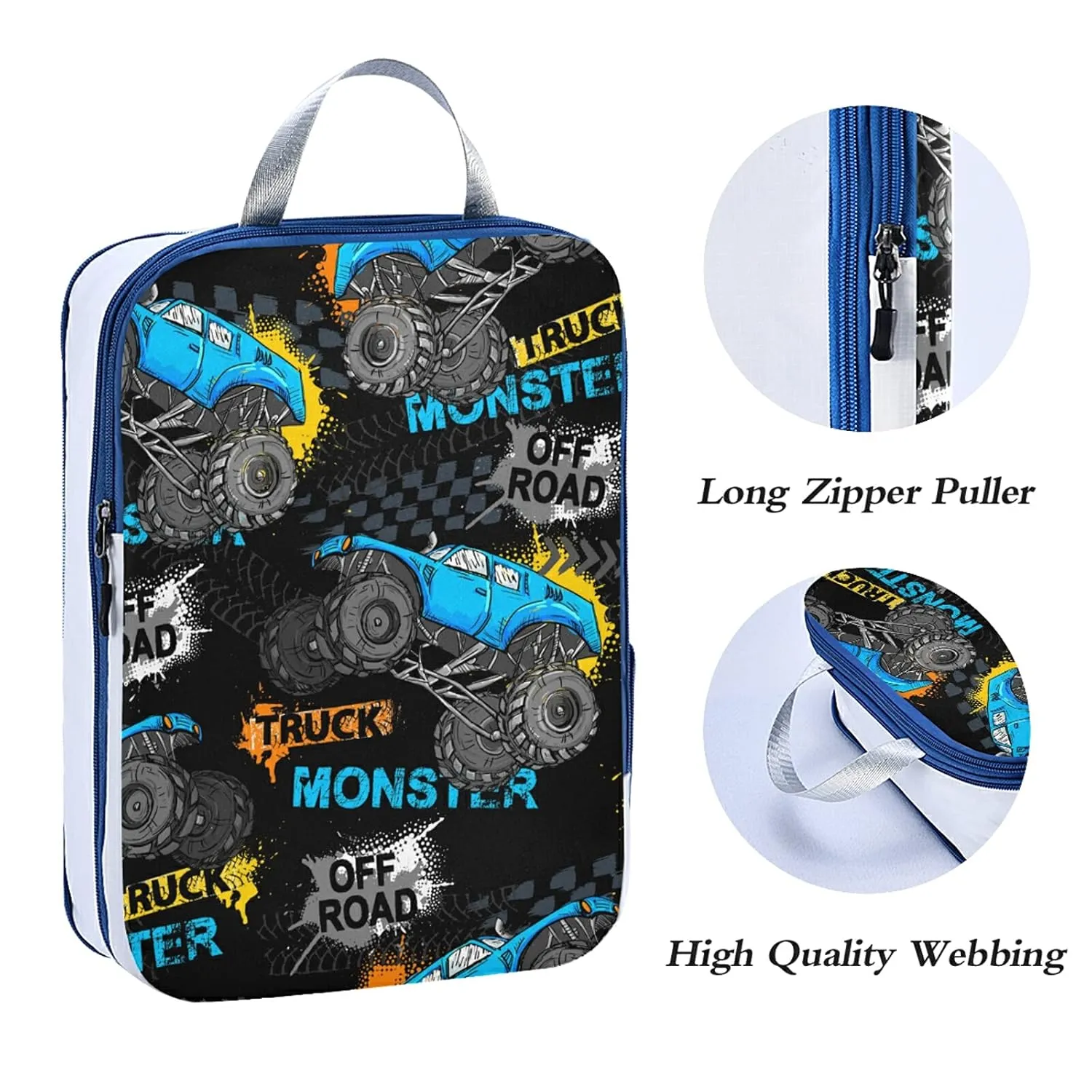 Blue Truck Car, Trace of Tire, Drive and Speed on Black 3 Set Packing Cubes, Waterproof Check Oxford cloth Organizers, Travel Packing Toiletry Storage Bag