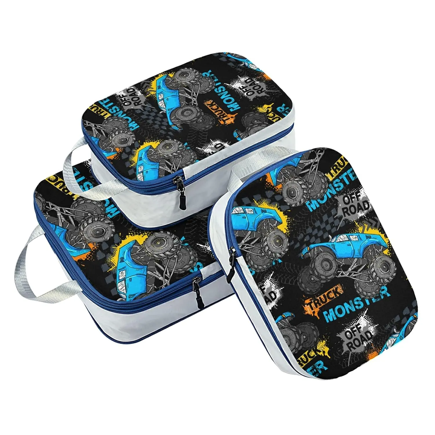 Blue Truck Car, Trace of Tire, Drive and Speed on Black 3 Set Packing Cubes, Waterproof Check Oxford cloth Organizers, Travel Packing Toiletry Storage Bag