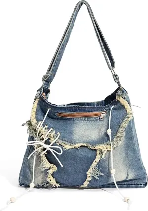 Boho Denim Messenger Bag Classic Crossbody Bag Vintage Canvas Shoulder Bag Large Purse with Upgraded Features for School