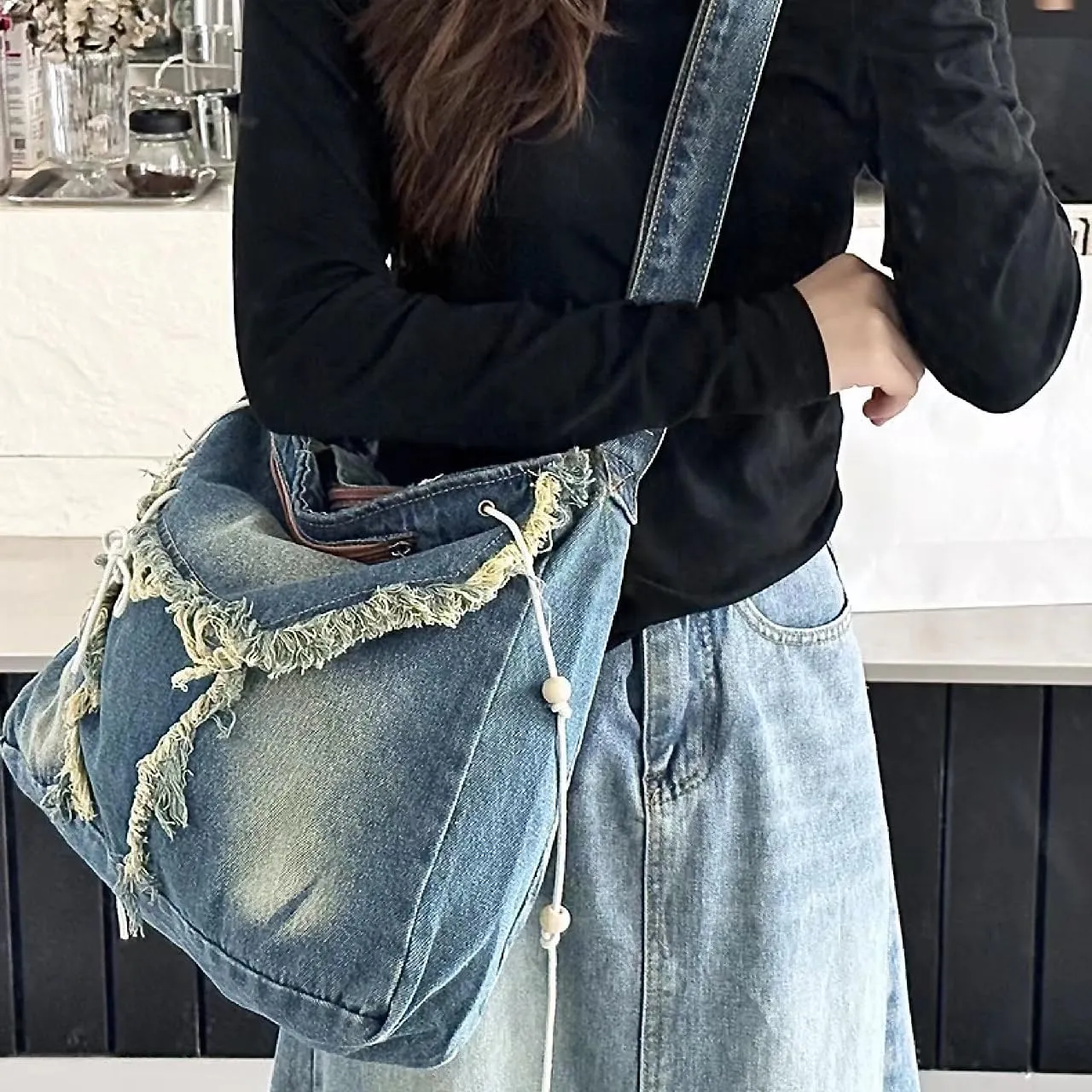 Boho Denim Messenger Bag Classic Crossbody Bag Vintage Canvas Shoulder Bag Large Purse with Upgraded Features for School