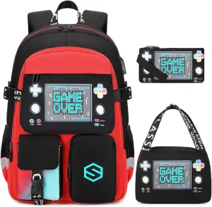Boys Backpack, Cool Luminous School Backpacks for Boys with Lunch Bag Pencil Case, Kids Backpack Kindergarten Elementary Middle School Book Bags for Teen Boy Children with USB Charging Port