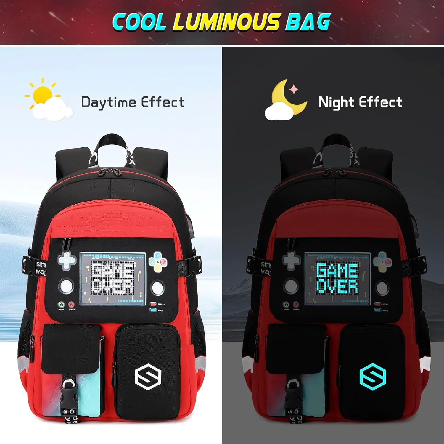 Boys Backpack, Cool Luminous School Backpacks for Boys with Lunch Bag Pencil Case, Kids Backpack Kindergarten Elementary Middle School Book Bags for Teen Boy Children with USB Charging Port