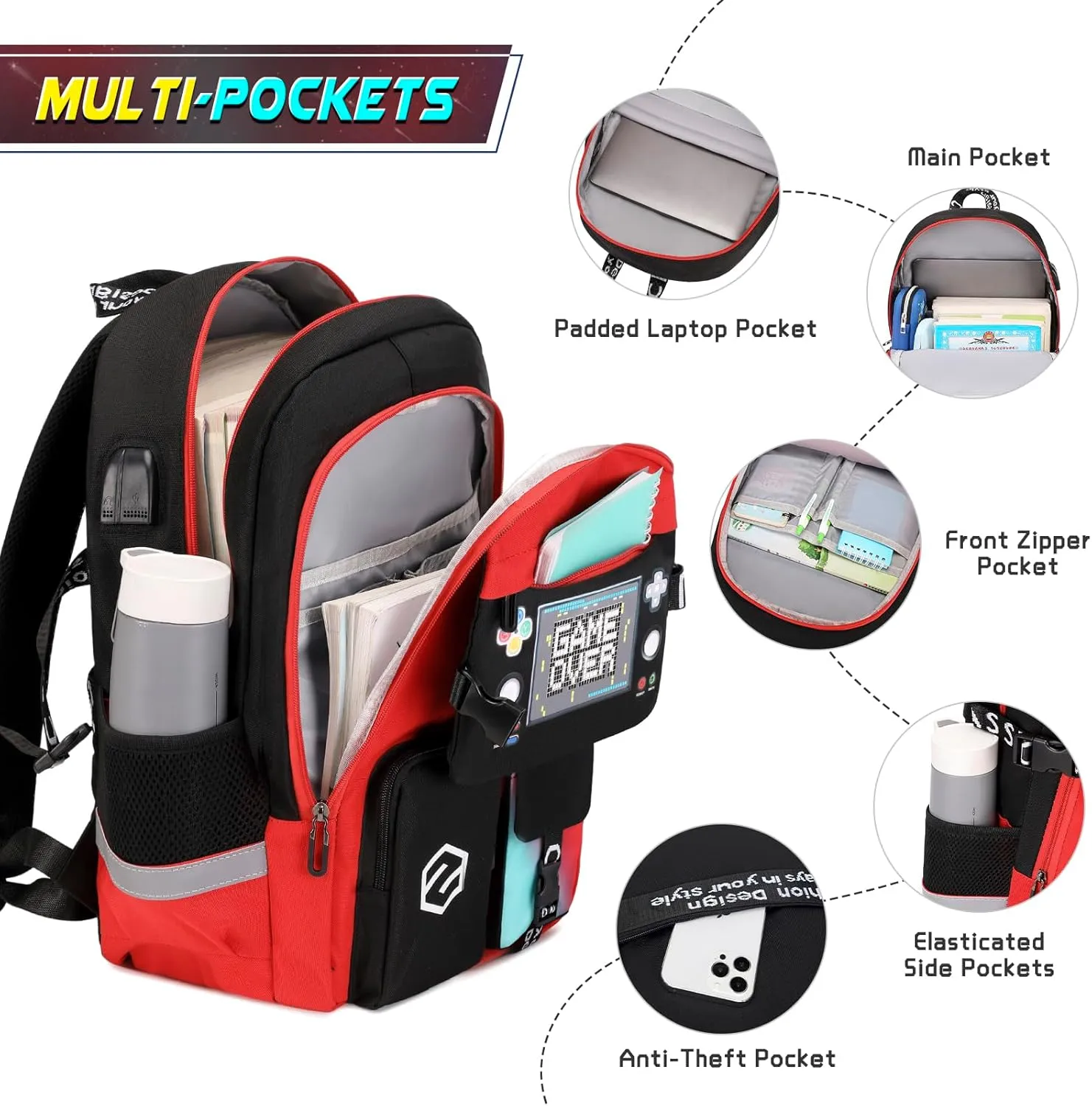 Boys Backpack, Cool Luminous School Backpacks for Boys with Lunch Bag Pencil Case, Kids Backpack Kindergarten Elementary Middle School Book Bags for Teen Boy Children with USB Charging Port