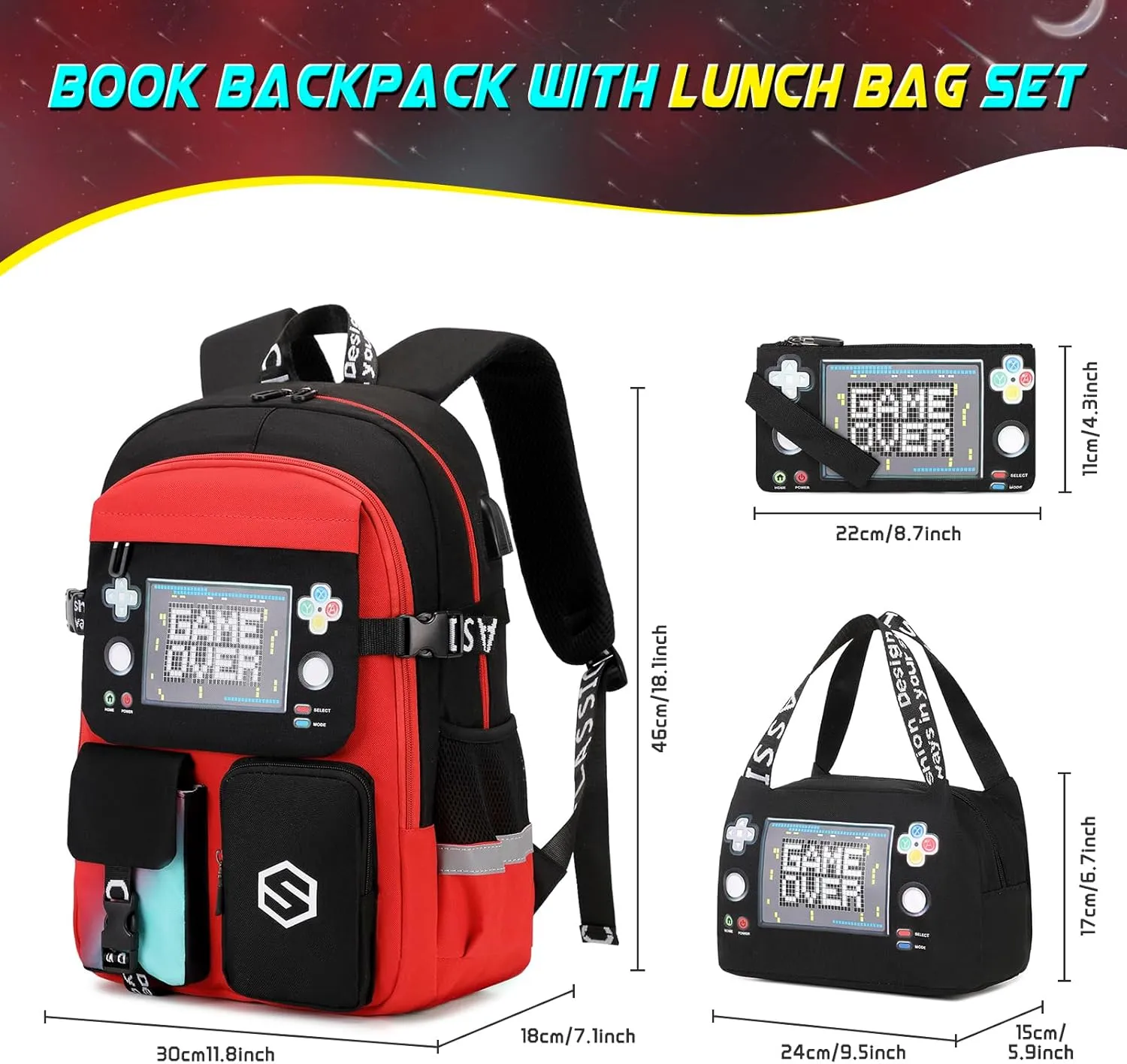 Boys Backpack, Cool Luminous School Backpacks for Boys with Lunch Bag Pencil Case, Kids Backpack Kindergarten Elementary Middle School Book Bags for Teen Boy Children with USB Charging Port