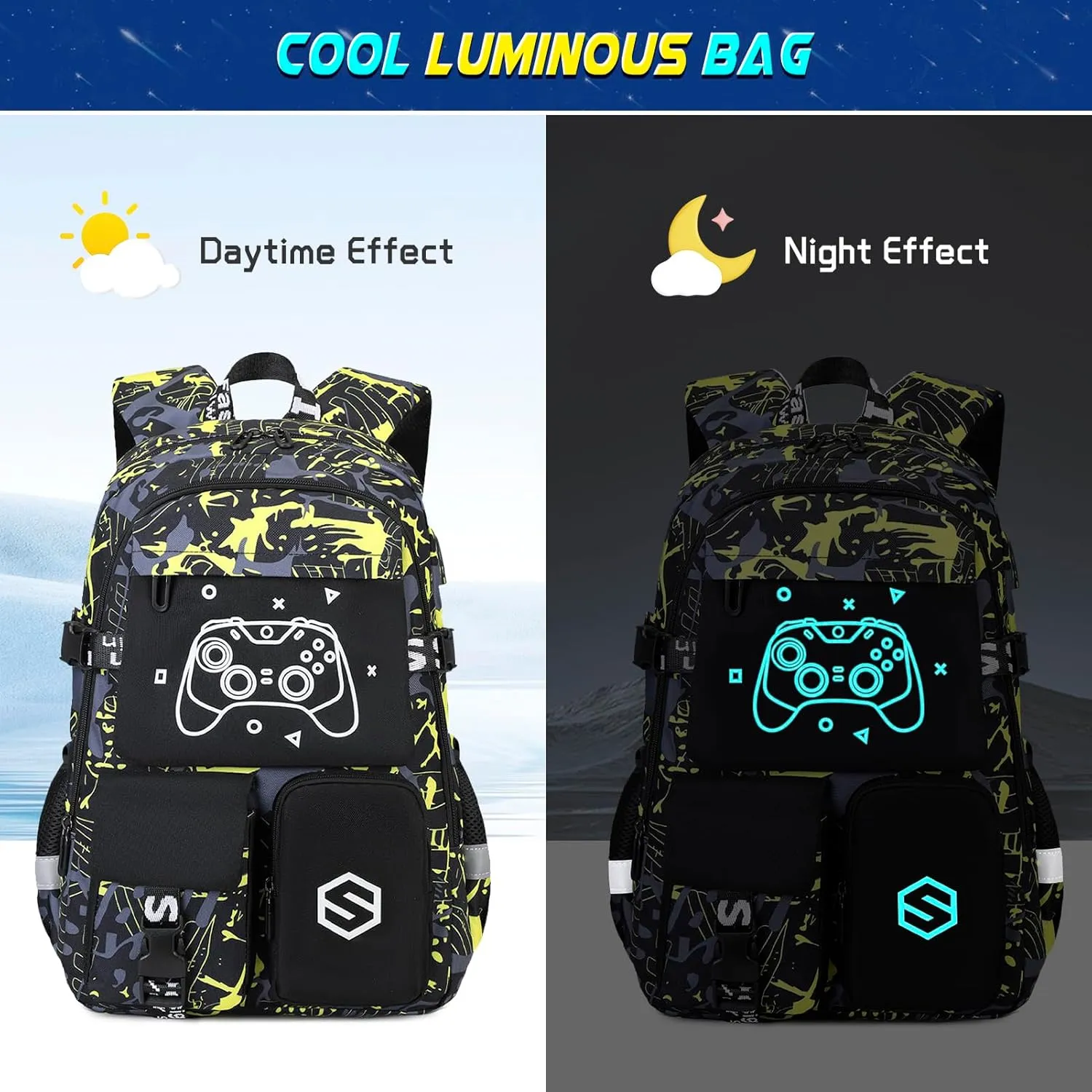 Boys Backpack, Cool Luminous School Backpacks for Boys with Lunch Bag Pencil Case, Kids Backpack Kindergarten Elementary Middle School Book Bags for Teen Boys Children with USB Charging Port