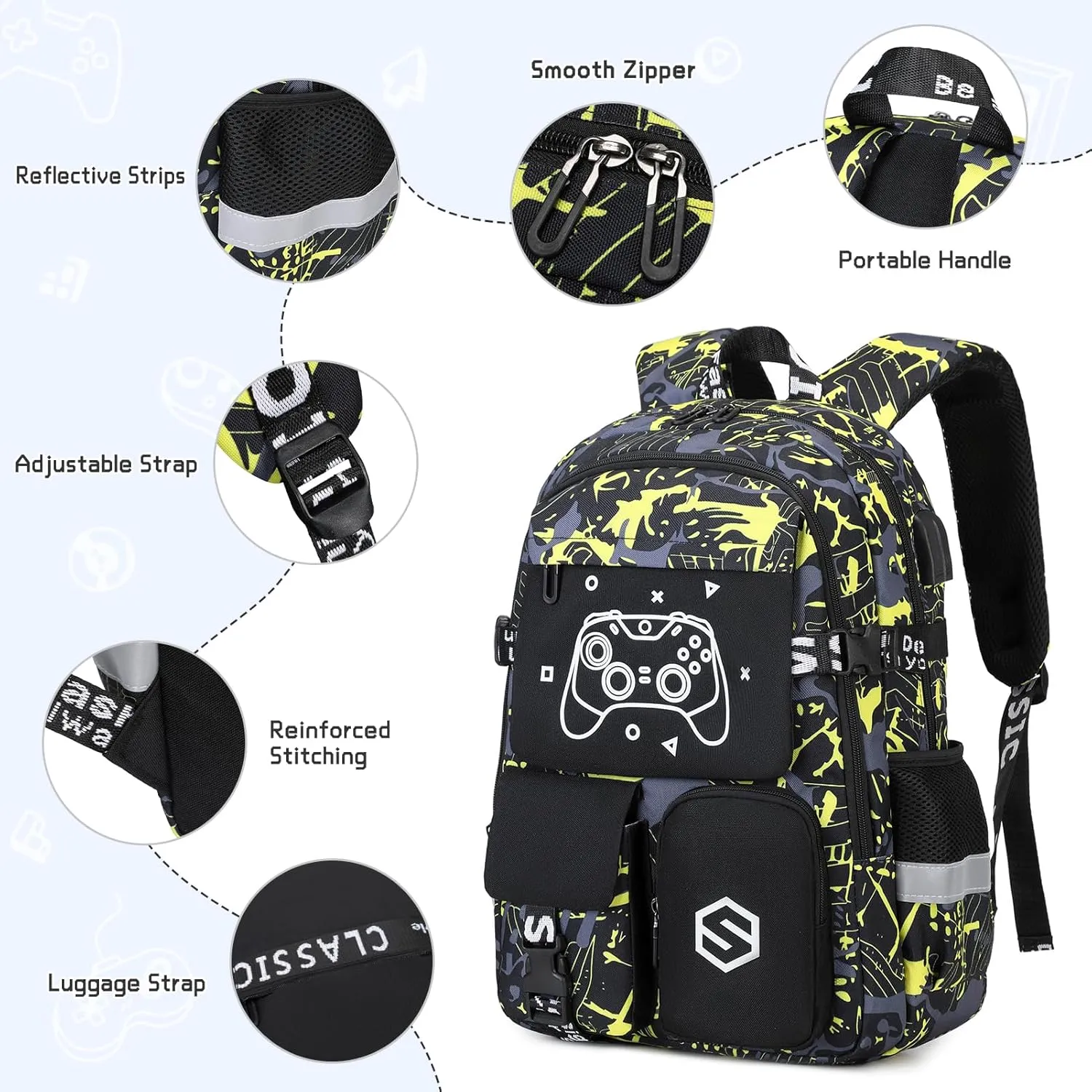 Boys Backpack, Cool Luminous School Backpacks for Boys with Lunch Bag Pencil Case, Kids Backpack Kindergarten Elementary Middle School Book Bags for Teen Boys Children with USB Charging Port