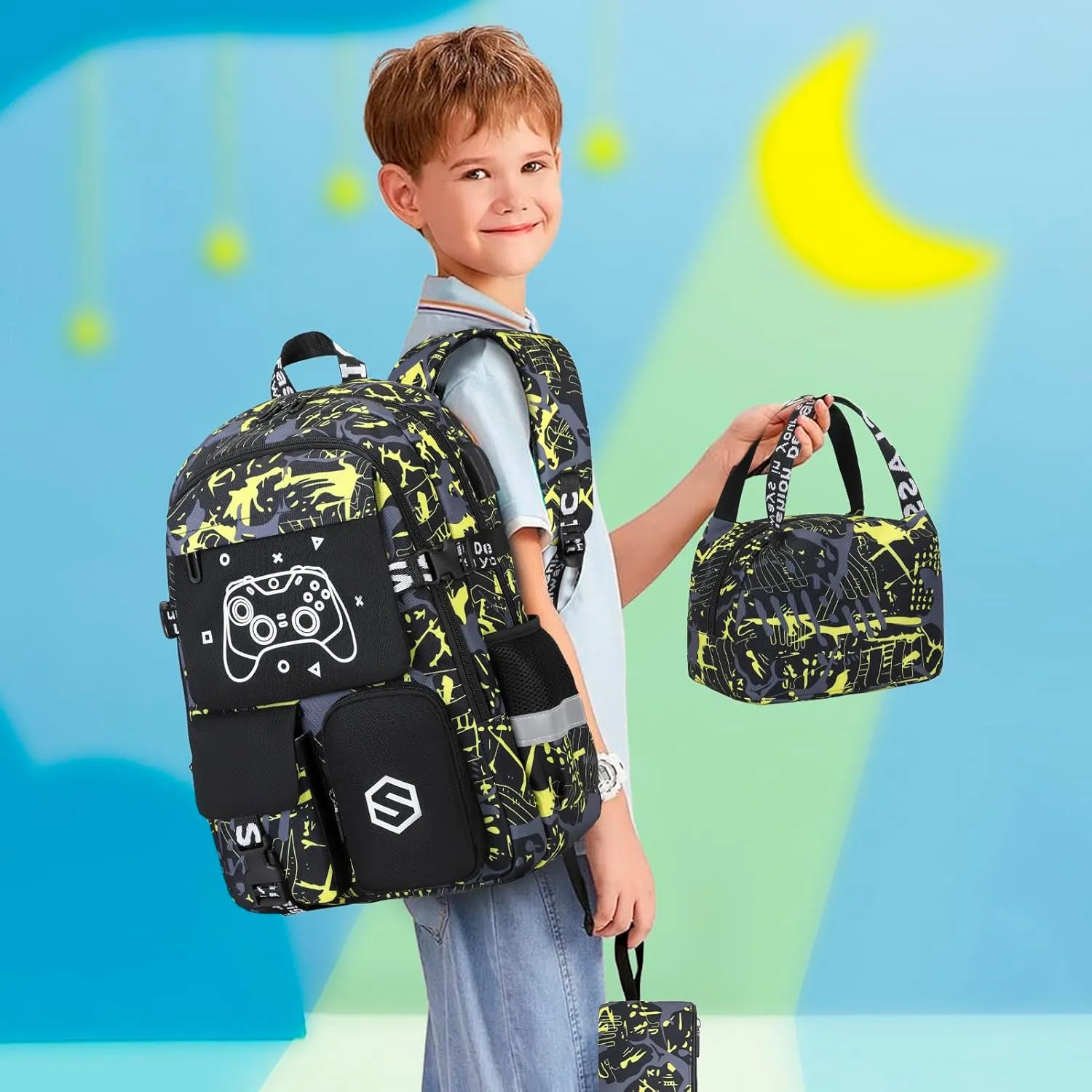 Boys Backpack, Cool Luminous School Backpacks for Boys with Lunch Bag Pencil Case, Kids Backpack Kindergarten Elementary Middle School Book Bags for Teen Boys Children with USB Charging Port