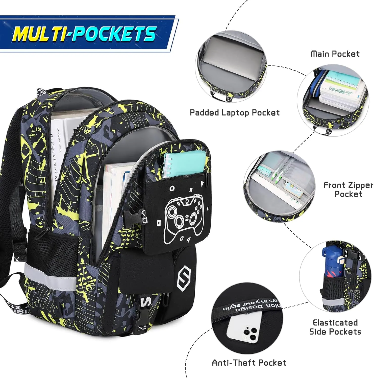 Boys Backpack, Cool Luminous School Backpacks for Boys with Lunch Bag Pencil Case, Kids Backpack Kindergarten Elementary Middle School Book Bags for Teen Boys Children with USB Charging Port