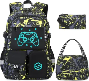 Boys Backpack, Cool Luminous School Backpacks for Boys with Lunch Bag Pencil Case, Kids Backpack Kindergarten Elementary Middle School Book Bags for Teen Boys Children with USB Charging Port