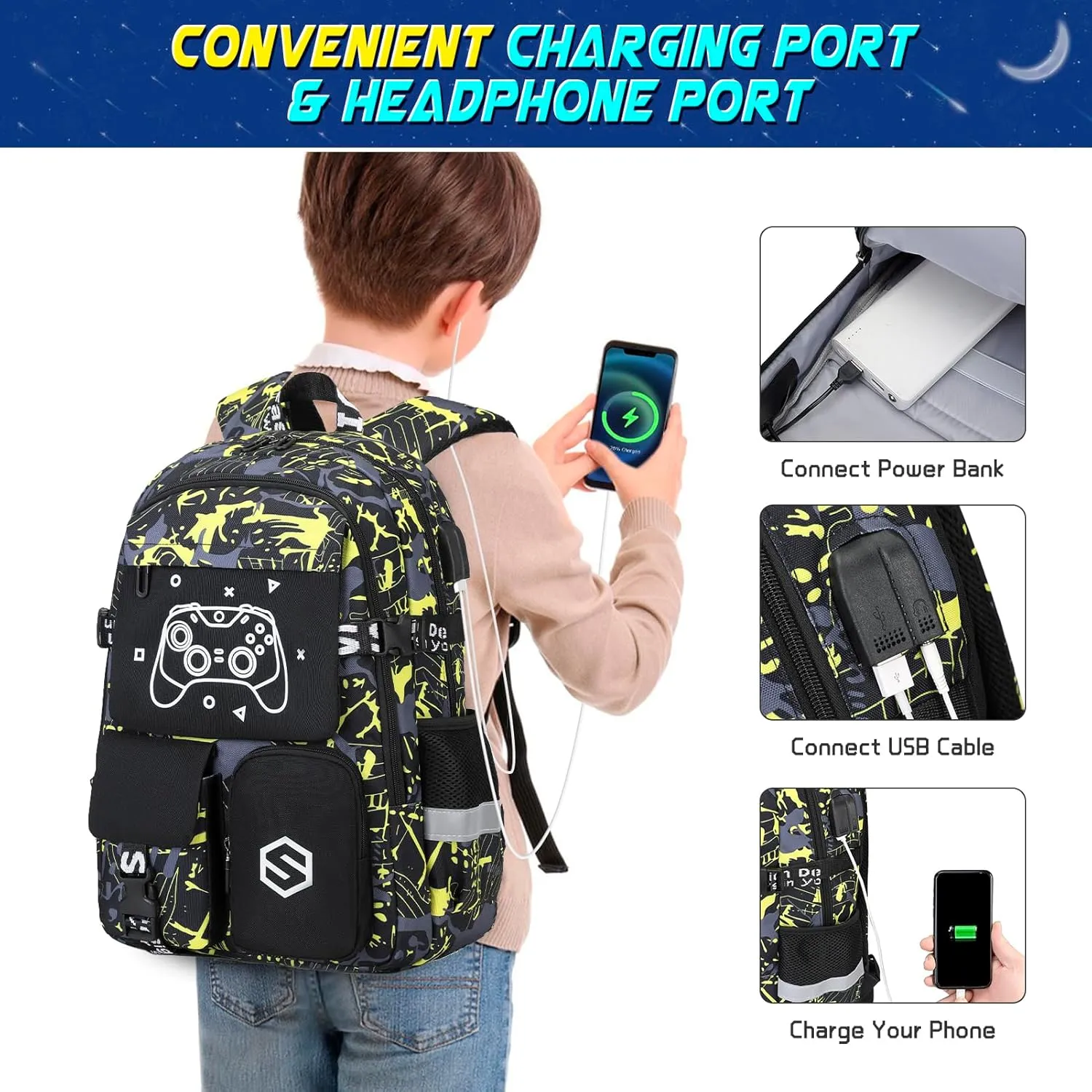 Boys Backpack, Cool Luminous School Backpacks for Boys with Lunch Bag Pencil Case, Kids Backpack Kindergarten Elementary Middle School Book Bags for Teen Boys Children with USB Charging Port