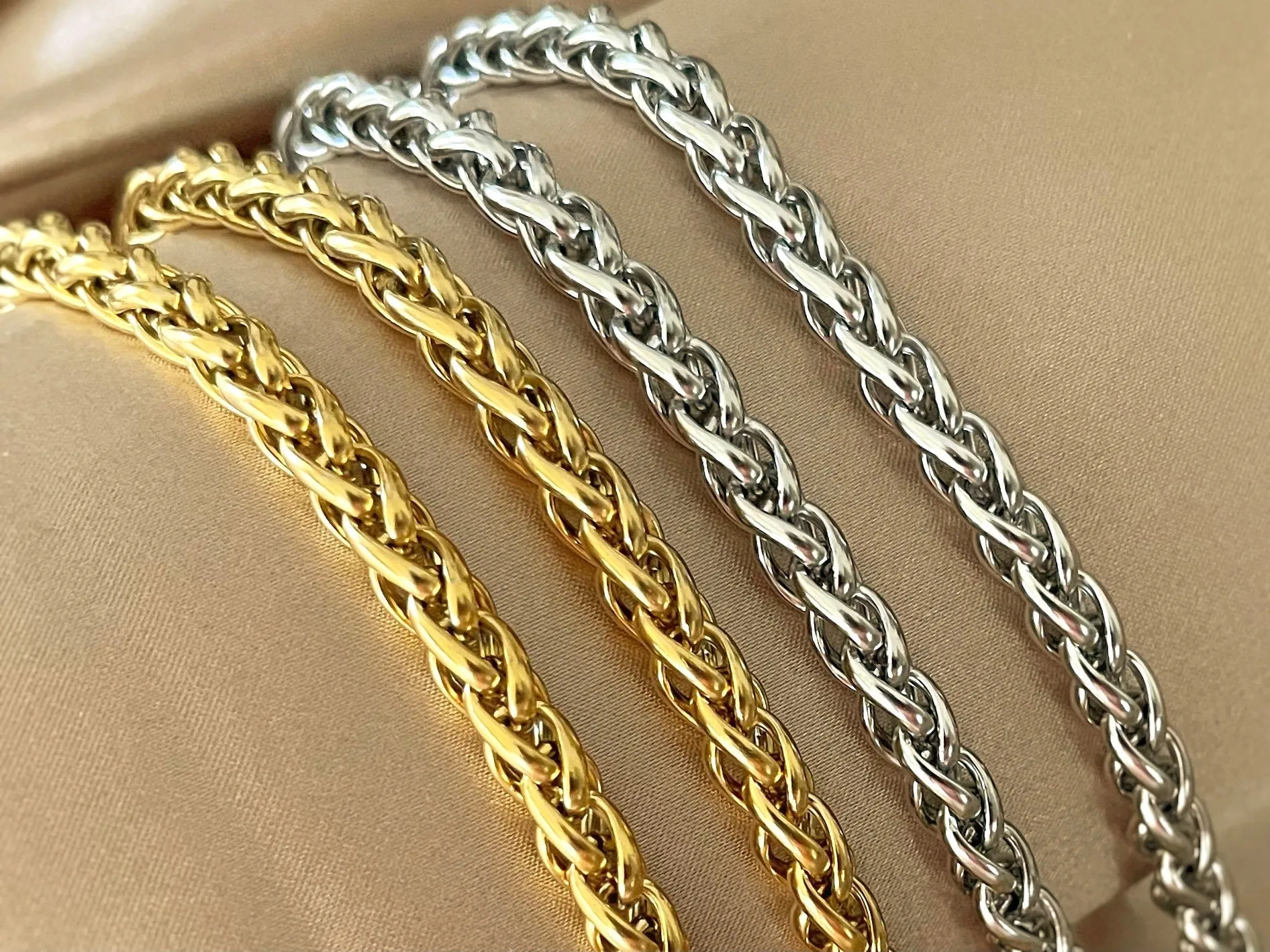 Braided Wheat Chain Strap Stainless Steel, 6mm Width 18k Gold Plated Silver Replacement Chain