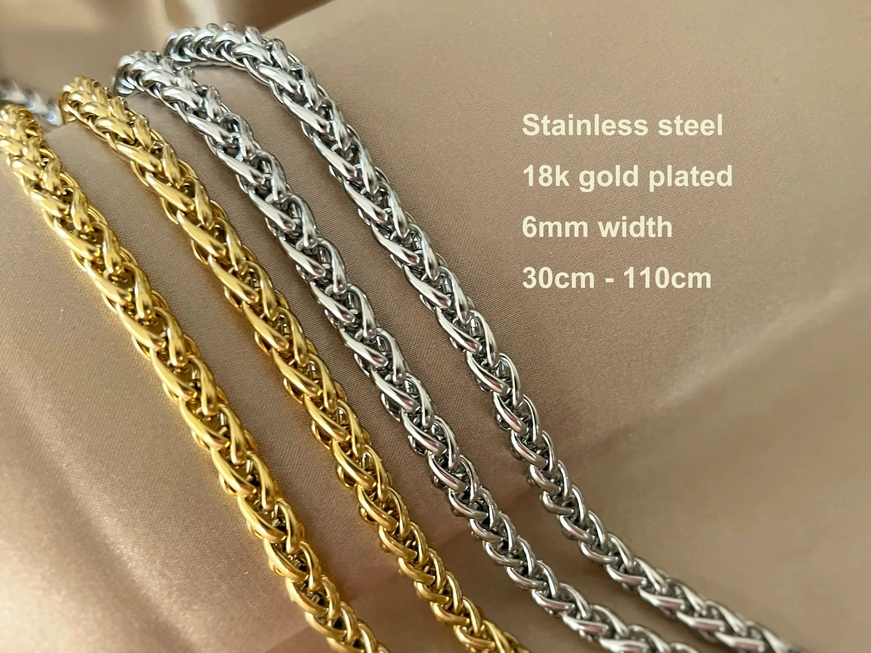 Braided Wheat Chain Strap Stainless Steel, 6mm Width 18k Gold Plated Silver Replacement Chain