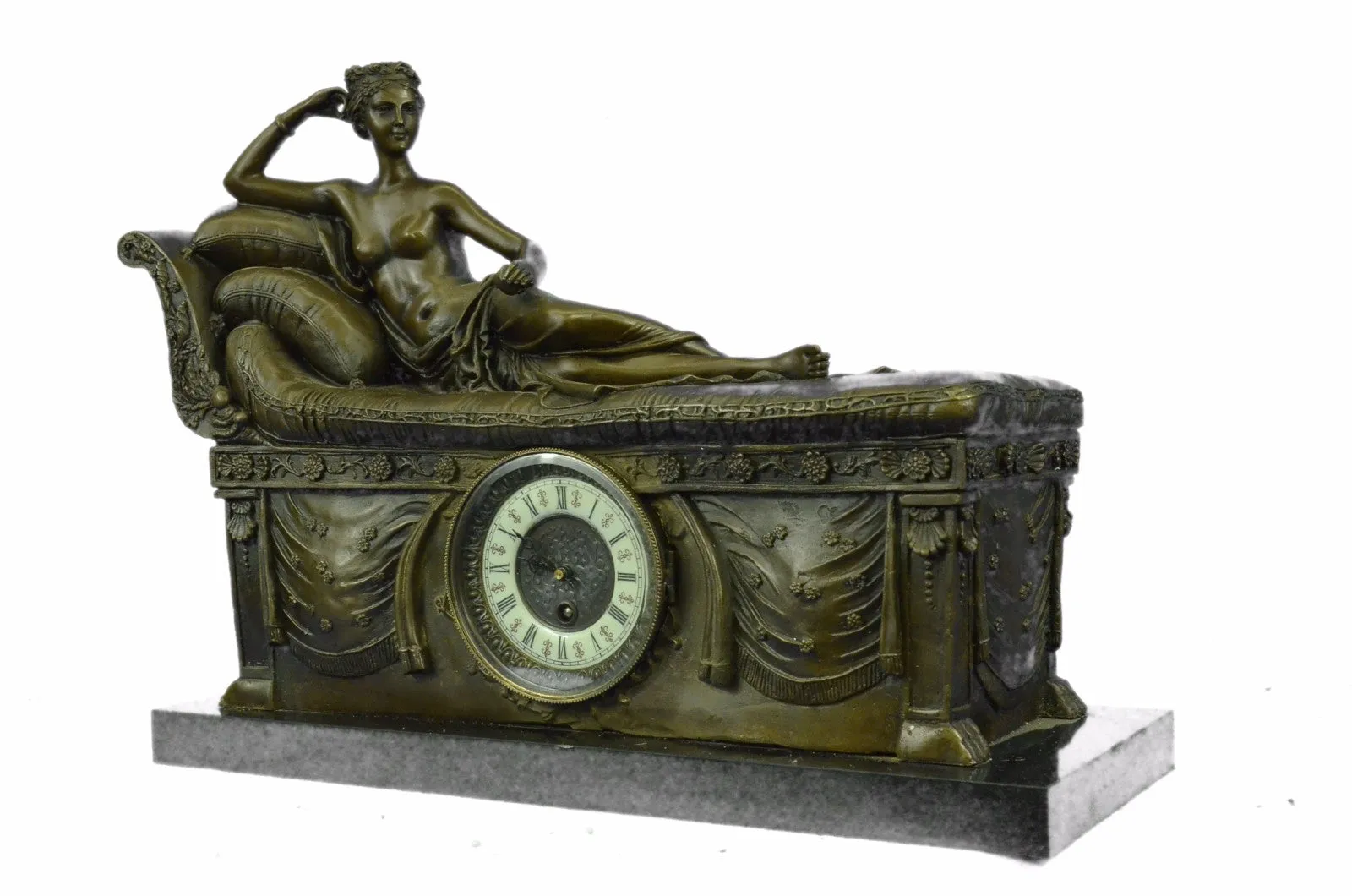 Bronze Clock Statue Nude Female Egyptian Cleopatra Marble Base Figurine Figure