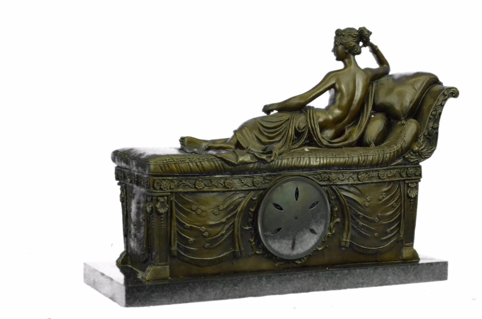 Bronze Clock Statue Nude Female Egyptian Cleopatra Marble Base Figurine Figure