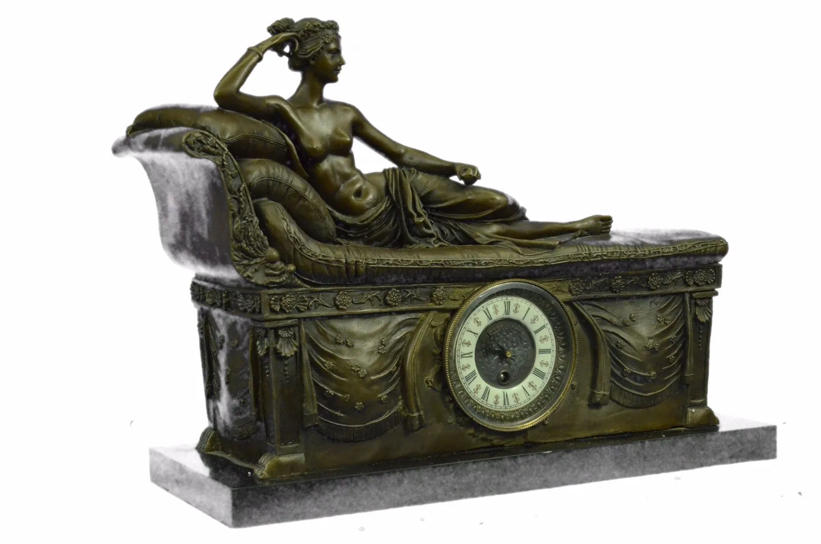 Bronze Clock Statue Nude Female Egyptian Cleopatra Marble Base Figurine Figure