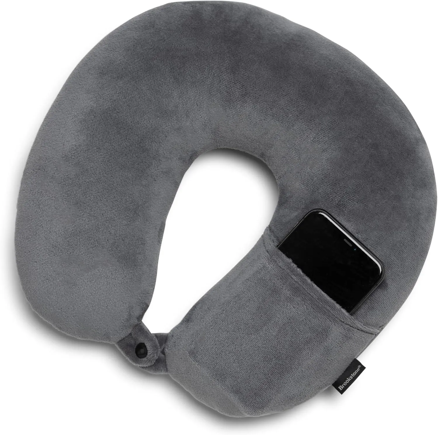 Brookstone Microbead Travel Head and Neck Pillow Lightweight and Plush with Phone or Headphone Pocket, Dark Grey