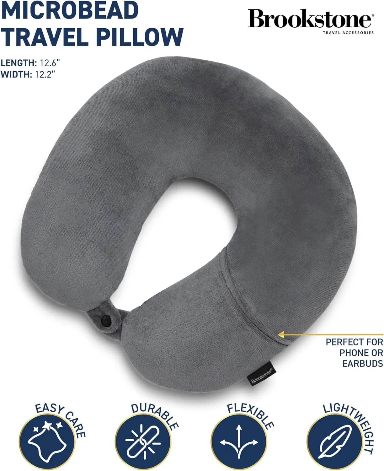 Brookstone Microbead Travel Head and Neck Pillow Lightweight and Plush with Phone or Headphone Pocket, Dark Grey