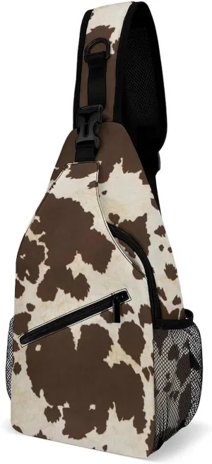 Brown Cow Cowhide Pattern Sling Bag Men Womens Crossbody Backpack Chest Daypack Small Cross Body Backpack Hiking Bag Running Daypack Sports Backpacks