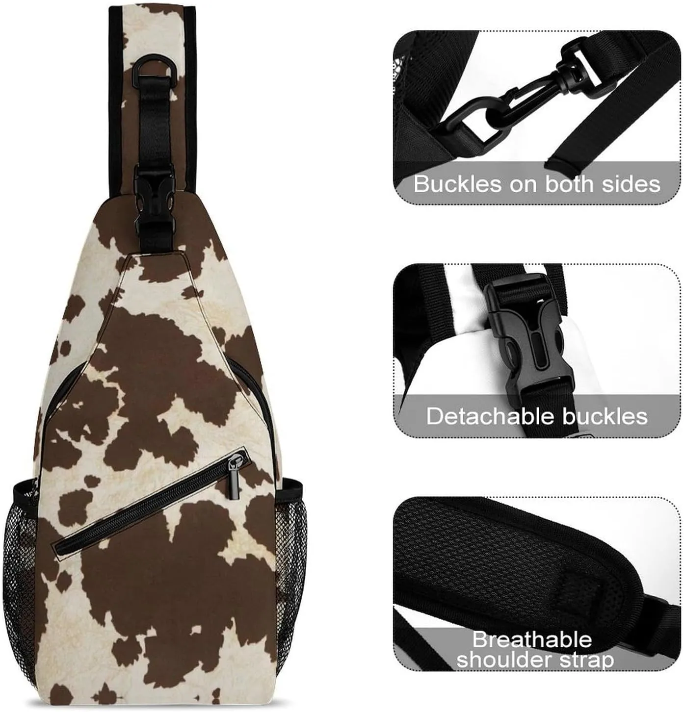 Brown Cow Cowhide Pattern Sling Bag Men Womens Crossbody Backpack Chest Daypack Small Cross Body Backpack Hiking Bag Running Daypack Sports Backpacks