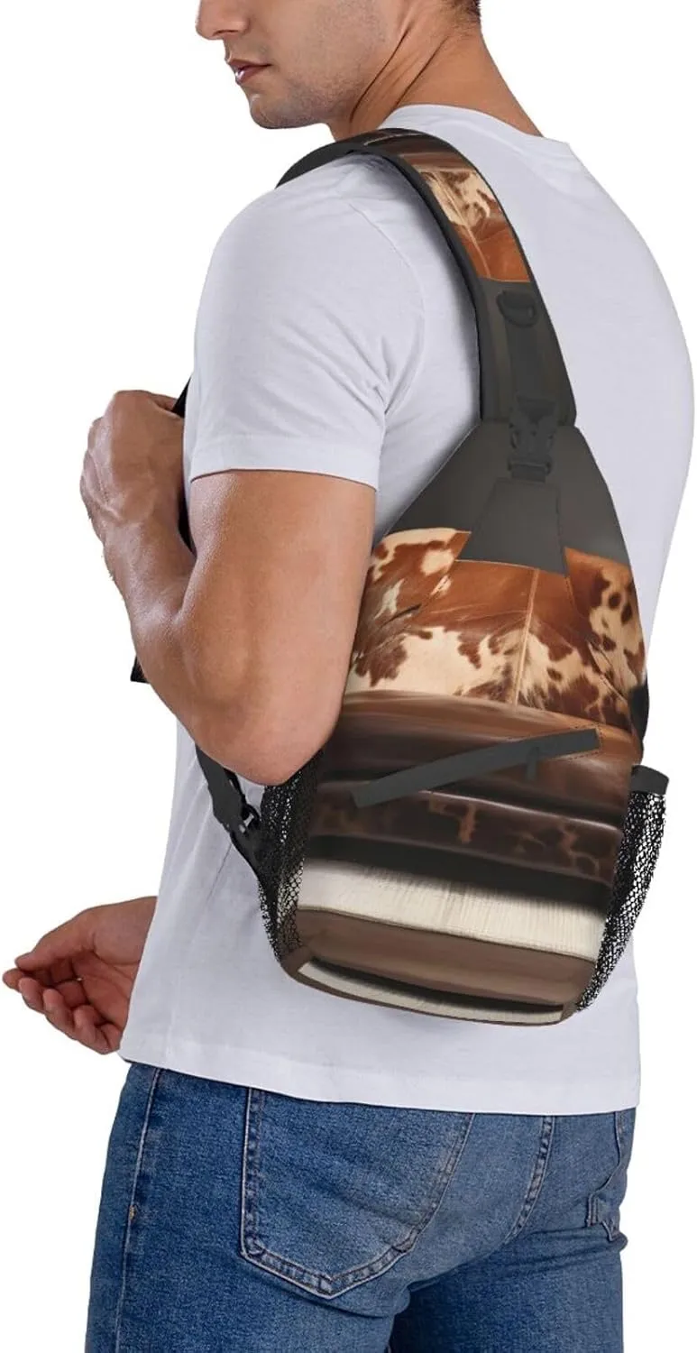 Brown Cowhides Unisex Casual Diagonal Chest Bag,Multipurpose Crossbody Shoulder Bag Travel Hiking Daypack